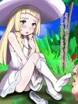  1girl blonde_hair blush e10 feet hat lillie_(pokemon) pokemon shoe smell smelling socks translation_request 