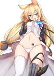  animal_ears arm_behind_back ass_visible_through_thighs barcode_tattoo blonde_hair blue_eyes blue_flower blush breasts covered_nipples crotch_seam dress eyebrows_visible_through_hair fang flower from_below g41_(girls_frontline) girls_frontline hair_between_eyes hand_up hips long_hair looking_at_viewer luse_maonang mismatched_legwear navel open_mouth panties simple_background small_breasts solo tattoo thighhighs thighs underwear very_long_hair wavy_mouth white_background white_dress white_legwear white_panties 