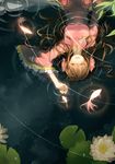  absurdres arm_up axis_powers_hetalia brown_hair china_dress chinese_clothes closed_eyes dress fish flower highres long_hair open_mouth partially_submerged ripples scarlet_moon smile solo taiwan_(hetalia) upside-down 