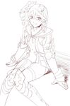  alisha_diphda artist_name drill_hair gauntlets greaves green_eyes hair_between_eyes lineart looking_at_viewer monochrome side_drill sitting solo tales_of_(series) tales_of_zestiria ubo_(ubo_tales) 