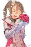  :d alisha_diphda artist_name bouquet brown_hair closed_eyes drill_hair flower gauntlets long_hair open_mouth rose side_drill simple_background smile solo tales_of_(series) tales_of_zestiria ubo_(ubo_tales) white_background 