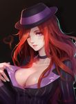  absurdres alternate_costume black_background breasts choker cleavage hat heart highres large_breasts league_of_legends lipstick long_hair looking_at_viewer mafia_miss_fortune makeup one_eye_closed parted_lips pinstripe_pattern purple_eyes red_hair red_lipstick sarah_fortune scarlet_moon shirt_pull signature simple_background solo striped 