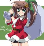  2016 ahoge aqua_eyes belt bike_shorts blush brown_hair buckle christmas fuuka_reventon hair_ornament hair_ribbon hairclip long_hair looking_at_viewer lyrical_nanoha ribbon sack san-pon santa_costume shiny shiny_hair sidelocks smile solo vivid_strike! 