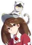  animal animal_on_head banned_artist brown_eyes brown_hair cat collared_shirt commentary_request eyebrows_visible_through_hair hair_between_eyes hat japanese_clothes kantai_collection kariginu magatama military military_hat military_uniform non-human_admiral_(kantai_collection) on_head peaked_cap ryuujou_(kantai_collection) shaded_face shirt simple_background tachikoma_(mousou_teikoku) twintails uniform upper_body visor_cap white_background 