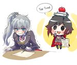  angry apple black_hair blue_eyes book cape chibi english flat_chest food fruit iesupa multiple_girls pencil ponytail ruby_rose rwby scar scar_across_eye school_uniform silver_eyes weiss_schnee white_hair 