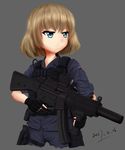  blue_eyes bulletproof_vest girls_und_panzer gun h&amp;k_mp5sd heckler_&amp;_koch highres kaisajiduola katyusha light_brown_hair rifle russian_flag solo submachine_gun suppressor weapon 