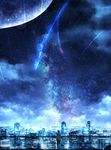  blue city cityscape comet commentary czy_(2894456992) from_behind highres kimi_no_na_wa lens_flare moon night night_sky railing scenery sky skyline solo star_(sky) starry_sky tachibana_taki 