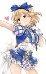  alternate_costume blonde_hair brown_eyes commentary_request cowboy_shot djeeta_(granblue_fantasy) eyebrows_visible_through_hair gloves granblue_fantasy hairband heart highres kimi_to_boku_no_mirai nemun_(tamizzz) outstretched_arm short_hair short_sleeves simple_background smile solo white_background white_gloves 