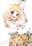  @_@ animal_ears bare_shoulders blonde_hair blue_eyes blush bow bowtie commentary cosplay dated elbow_gloves embarrassed gloves gochuumon_wa_usagi_desu_ka? highres kemono_friends kemonomimi_mode kirima_sharo looking_at_viewer neki_(wakiko) open_mouth serval_(kemono_friends) serval_(kemono_friends)_(cosplay) serval_ears serval_print serval_tail short_hair skirt sleeveless solo tail twitter_username wavy_mouth 