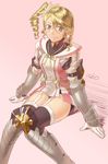  alisha_diphda artist_name blush brown_hair drill_hair gauntlets greaves green_eyes hair_between_eyes light_brown_hair looking_at_viewer pink_background side_drill sitting solo tales_of_(series) tales_of_zestiria ubo_(ubo_tales) 