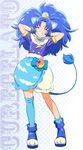  ^_^ animal_ears arms_behind_head blue blue_choker blue_footwear blue_hair blue_legwear blush boots character_name choker clenched_teeth closed_eyes cure_gelato food_themed_hair_ornament fuchi_(nightmare) hair_ornament highres kirakira_precure_a_la_mode lion_ears lion_girl lion_tail long_hair magical_girl precure single_thighhigh smile solo standing tail tategami_aoi teeth thighhighs 