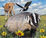  2013 4_toes ambiguous_gender american_badger avian badger beak biped bird bird_feet bison black_eyes black_feathers black_fur black_nose black_tail black_wings bobolink bovine brown_fur brown_tail buffalo carrying claws cloud cloven_hooves cub digital_media_(artwork) digital_painting_(artwork) feathers feral field flower fur grass grey_beak group hooves horn icterid looking_at_another male mammal multicolored_feathers multicolored_fur mustelid nature on_top on_top_of orange_feathers outside piggyback plant psithyrus quadruped short_tail size_difference sky smile snout spread_wings standing tail_feathers tan_fur tan_horn tan_tail toe_claws toes two_tone_fur two_tone_tail walking white_feathers white_fur white_tail wings young 