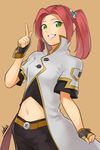  artist_name belt cosplay eleanor_hume fingerless_gloves gloves green_eyes grin hair_ornament highres index_finger_raised luke_fon_fabre luke_fon_fabre_(cosplay) midriff mieu navel red_hair smile solo tales_of_(series) tales_of_berseria tales_of_the_abyss twintails ubo_(ubo_tales) 