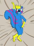  2017 armpits bed blue_fur brown_eyes claws fur hi_res looking_at_viewer lying male mammal on_back on_bed scuzzyfox shaded skunk smile yellow_fur 