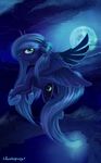  1deathpony1 blue_eyes blue_feathers blue_fur blue_hair cutie_mark detailed_background equine feathers feral friendship_is_magic fur hair hooves horn mammal moon my_little_pony night outside princess_luna_(mlp) solo water winged_unicorn wings 
