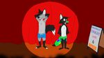  2016 armpits blue_eyes bulge canine clothing duo fox hi_res looking_at_viewer male mammal scuzzyfox spotlight stage underwear 