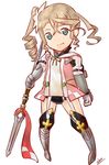  alisha_diphda aqua_eyes artist_name brown_hair chibi drill_hair full_body garter_straps gauntlets greaves green_eyes hair_between_eyes no_nose polearm side_drill simple_background solo tales_of_(series) tales_of_zestiria ubo_(ubo_tales) weapon white_background 