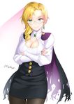 2017 artist_name bangs black_cape black_legwear black_skirt blonde_hair breasts brooch cape cleavage cleavage_cutout closed_mouth cowboy_shot crossed_arms crystal_earrings dissolving_clothes earrings glasses glynda_goodwitch green_eyes high-waist_skirt high_collar jewelry large_breasts long_sleeves looking_at_viewer lulu-chan92 miniskirt pantyhose rwby skirt smile solo torn_cape 