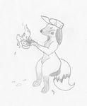  2016 anthro ask-jigsaw black_and_white blush canine chillyjackal disney eyes_closed fan_character female fox grey_fox hat mammal monochrome mostly_nude nude patch_houston pussy side_view simple_background sitting solo traditional_media_(artwork) white_background zootopia 