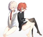  akinashi_yuu barefoot between_breasts between_legs black_legwear blush breasts closed_mouth collarbone dressing eyebrows_visible_through_hair fate/grand_order fate_(series) fujimaru_ritsuka_(female) hair_between_eyes hair_over_one_eye hand_between_legs invisible_chair jacket long_sleeves mash_kyrielight medium_breasts multiple_girls navel necktie necktie_between_breasts no_bra no_pants open_clothes open_jacket orange_eyes orange_hair panties pantyhose pantyhose_pull pink_eyes red_neckwear see-through short_hair side_ponytail silver_hair simple_background sitting small_breasts smile stomach sweatdrop tareme track_jacket underwear undone_necktie v_arms white_background white_jacket white_panties wing_collar 