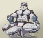  2017 5_fingers 5_toes abs absurd_res anthro balls barely_visible_genitalia blush bulge canine clothed clothing crouching front_view grey_background hi_res horkeukamui loincloth male mammal muscular nipples signature simple_background snowjune solo subtle_penis toes tokyo_afterschool_summoners topless wolf yellow_eyes 