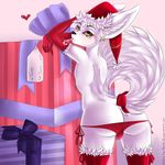  &lt;3 2016 anthro armwear big_butt black_nose box butt candy candy_cane canine christmas clothed clothing conditional_dnp english_text etheras etheras_(copyright) fennec food fox fur gift girly hat holidays legwear looking_at_viewer looking_back male mammal mrawl raised_tail ribbons santa_hat signature solo text topless underwear white_fur yellow_eyes 