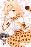  1girl animal_ears bad_id bad_pixiv_id bare_shoulders black_hair blonde_hair blush bow bowtie breasts brown_eyes commentary_request cosplay djeeta_(granblue_fantasy) elbow_gloves gloves granblue_fantasy hat_feather kaban_(kemono_friends) kaban_(kemono_friends)_(cosplay) kemono_friends lancelot_(granblue_fantasy) looking_at_viewer maru_(maruplum) medium_breasts one_eye_closed serval_(kemono_friends) serval_(kemono_friends)_(cosplay) serval_ears serval_print serval_tail shaded_face short_hair sleeveless smile tail 
