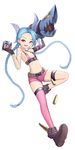  absurdres bad_id bad_pixiv_id blue_hair blush braid breasts explosive eyebrows_visible_through_hair full_body grenade highres incredibly_absurdres jinx_(league_of_legends) league_of_legends lee_seok_ho long_hair looking_at_viewer parted_lips pink_eyes pink_legwear sideboob small_breasts smile solo teeth thighhighs tongue tongue_out twin_braids very_long_hair 