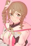  alisha_diphda aqua_eyes artist_name blush drill_hair gauntlets hair_between_eyes highres looking_at_viewer pink_background side_drill simple_background solo tales_of_(series) tales_of_zestiria ubo_(ubo_tales) 