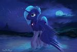  1deathpony1 blue_eyes blue_feathers blue_fur blue_hair cutie_mark detailed_background equine eyelashes feathered_wings feathers female feral friendship_is_magic fur hair hooves horn mammal moon my_little_pony night outside princess_luna_(mlp) sky smile standing water winged_unicorn wings 