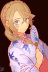  alisha_diphda alternate_hairstyle aqua_eyes artist_name black_background blush bow braid brown_hair hair_between_eyes hair_bow japanese_clothes kimono long_hair obi sash simple_background solo tales_of_(series) tales_of_zestiria ubo_(ubo_tales) yukata 