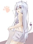  absurdres animal_ears blue_eyes breasts cat_ears from_behind hair_between_eyes hibiki_(kantai_collection) highres kantai_collection kemonomimi_mode long_hair looking_at_viewer open_mouth ribbon saku_(kudrove) silver_hair small_breasts solo tail tail_ribbon thighs 