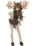  animal_ears antlers black_eyes black_skirt blush brown_hair commentary_request extra_ears full_body fur hair_between_eyes kemono_friends loafers long_hair long_sleeves looking_at_viewer matsuda_(matsukichi) moose_(kemono_friends) moose_ears moose_tail pantyhose pleated_skirt scarf shoes skirt smile solo standing sweater_vest tail white_legwear 
