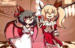  alcohol alternate_costume bat_wings blonde_hair blue_hair closed_eyes cup dress drinking_glass fang flandre_scarlet hair_ribbon multiple_girls nail_polish older open_mouth red_eyes remilia_scarlet ribbon setz short_hair side_ponytail smile stairs touhou white_dress wine wine_glass wings 