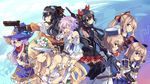  black_hair blanc blonde_hair blue_eyes breasts brown_hair cleavage fantasy flower four_goddesses_online:_cyber_dimension_neptune from_side gauntlets goggles goggles_on_head greaves gun hair_flower hair_ornament hat highres long_hair looking_at_viewer medium_breasts multiple_girls nepgear neptune_(choujigen_game_neptune) neptune_(series) noire normaland one_eye_closed open_mouth polearm ponytail ram_(choujigen_game_neptune) red_eyes ribbon rom_(choujigen_game_neptune) short_hair siblings sisters smile spear sword twintails two_side_up uni_(choujigen_game_neptune) v vert very_long_hair weapon witch_hat 