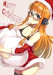  bag blush glasses hat headphones long_hair looking_at_viewer merry_christmas orange_hair persona persona_5 purple_eyes sakura_futaba santa_costume santa_hat smile solo yamamoto_shima 