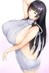  1girl areolae ass bare_shoulders black_eyes black_hair bottomless breasts dragon@harry female gradient_background highres hime_cut huge_breasts long_hair looking_at_viewer no_bra no_panties no_underwear original simple_background solo standing sweater virgin_killer_sweater 
