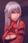  blue_eyes blush braid breasts cleavage highres large_breasts long_hair meme_attire open-chest_sweater original silver_hair smile solo sweater unsomnus 