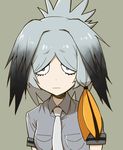  :| alternate_hairstyle closed_mouth commentary eyelashes gradient_hair grey_background head_wings inumoto kemono_friends looking_at_viewer multicolored_hair necktie shoebill_(kemono_friends) short_hair short_sleeves simple_background solo tareme upper_body 