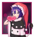  black_capelet black_dress blush capelet doremy_sweet dream_soul dress eating fur_trim hat multicolored multicolored_clothes multicolored_dress nightcap pom_pom_(clothes) purple_eyes purple_hair saple solo tail tapir_tail touhou upper_body white_dress wide_sleeves 