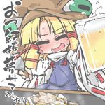  =_= alcohol bangs beer beer_mug blonde_hair blunt_bangs commentary_request cup food griddle hair_ribbon hat holding holding_cup kureha_mitsushige long_sleeves moriya_suwako okonomiyaki open_mouth ribbon saliva sidelocks simple_background solo spatula sweat touhou translation_request wide_sleeves 