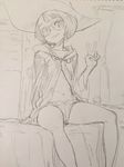  bed glasses graphite_(medium) hat highres little_witch_academia midriff monochrome navel nekoi_mie short_hair short_shorts shorts sitting sketch smile solo traditional_media v witch_hat 