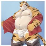  2017 adios anthro azaghal_(character) belt blue_background blue_eyes bulge clothed clothing feline looking_at_viewer male mammal muscular muscular_male nipple_piercing nipples pants pants_down partially_clothed pecs piercing pink_nose pose pubes simple_background solo standing stripes tiger underwear undressing whiskers 