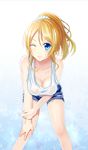  ayase_eli bent_over blonde_hair blue_shorts blush breasts cleavage collarbone hati_(19870119hy) long_hair love_live! love_live!_school_idol_project medium_breasts no_bra shirt shorts smile solo white_shirt 