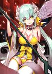 animal bangs bare_shoulders bikini bow bow_bikini breasts cleavage collarbone detached_sleeves dragon_girl dragon_horns eyebrows_visible_through_hair fate/grand_order fate_(series) fingernails giant_snake green_hair hair_between_eyes hair_bow hair_ornament hand_up highres holding holding_spear holding_weapon horns japanese_clothes kimono kiyohime_(fate/grand_order) kiyohime_(swimsuit_lancer)_(fate) large_breasts lasa_(lasa1116) long_hair looking_at_viewer naginata open_mouth panties petals polearm ribbon sash sidelocks sitting smile snake solo spear swimsuit thighhighs tongue tongue_out underwear very_long_hair weapon white_legwear wide_sleeves yellow_bikini yellow_bow yellow_eyes yellow_panties yellow_ribbon 