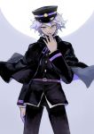  1boy alternate_costume belt black_cape black_jacket black_legwear brown_belt cape cape_lift closed_mouth commentary_request danganronpa finger_to_mouth green_eyes hair_between_eyes hat holding jacket kame4282 komaeda_nagito looking_down male_focus multicolored multicolored_background multicolored_clothes multicolored_hat open_eyes pink_ribbon ribbon short_hair simple_background smile solo super_danganronpa_2 uniform white_hair 