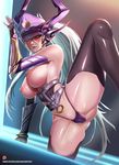  badcompzero blush breasts fingerless_gloves flexible gloves hat large_breasts league_of_legends leg_up legs lips long_hair long_legs nipples purple_eyes silver_hair solo spread_legs sweat syndra thick_thighs thighs very_long_hair 