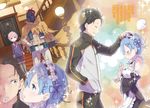  3boys aldebaran_(re:zero) belt black_eyes black_hair blue_eyes blue_hair breasts cleavage closed_eyes detached_sleeves grin hair_ribbon hand_in_pocket hand_on_hip helmet indoors lace-trimmed_sleeves maid medium_breasts multiple_boys natsuki_subaru neck_ribbon novel_illustration official_art ootsuka_shin'ichirou petting pink_hair purple_ribbon re:zero_kara_hajimeru_isekai_seikatsu red_eyes red_ribbon rem_(re:zero) ribbon short_hair shorts smile translation_request 