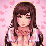  absurdres blown_kiss blurry brown_eyes brown_hair casual commentary_request d.va_(overwatch) depth_of_field eyebrows eyelashes facial_mark head_tilt heart highres lips long_hair looking_at_viewer overwatch pink pink_background solo tsurime umigraphics whisker_markings 