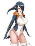  arms_at_sides black_hair breasts brown_eyes commentary_request covered_navel covered_nipples cowboy_shot emperor_penguin_(kemono_friends) hair_over_one_eye highleg highleg_leotard hood hoodie impossible_clothes kemono_friends large_breasts leotard multicolored_hair open_clothes open_hoodie open_mouth orange_hair shibusun signature skin_tight solo thighhighs turtleneck twitter_username two-tone_hair white_legwear white_leotard 